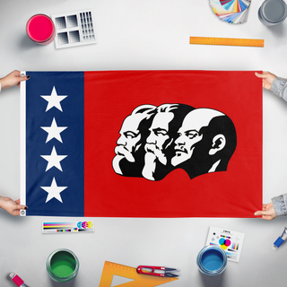 A mockup of the custom flag 'American Marxist  flag' held up on a table during print checking