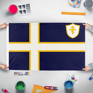 A mockup of the custom flag 'Imperium Sacrum Sveae flag' held up on a table during print checking