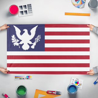 A mockup of the custom flag 'Eagle American Flag' held up on a table during print checking
