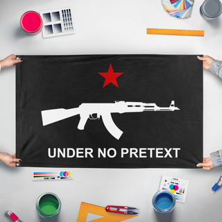 A mockup of the custom flag 'Under No Pretext flag' held up on a table during print checking