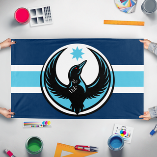 A mockup of the custom flag 'MN Rebellioon flag' held up on a table during print checking