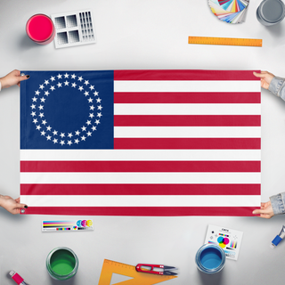 A mockup of the custom flag 'U.S.A Betty Ross Style 50 Star flag' held up on a table during print checking
