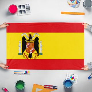 A mockup of the custom flag 'Francoist Spain' held up on a table during print checking