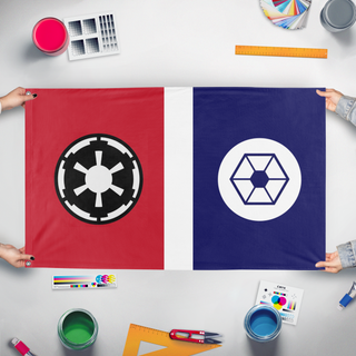 A mockup of the custom flag 'Grand Alliance of the Galactic Empire flag' held up on a table during print checking
