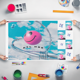 A mockup of the custom flag 'EDC 2026 flag' held up on a table during print checking