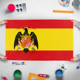 A mockup of the custom flag 'Francoist Spain' held up on a table during print checking