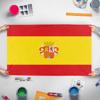 A mockup of the custom flag 'National Spain Flag' held up on a table during print checking