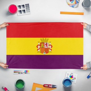 A mockup of the custom flag 'Second Spanish Republic' held up on a table during print checking