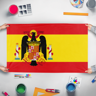A mockup of the custom flag 'Francoist Spain' held up on a table during print checking