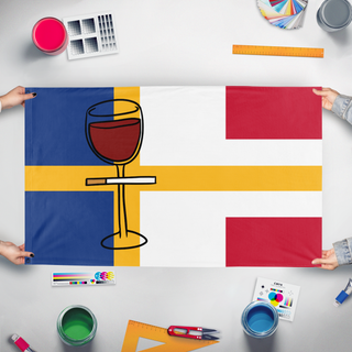 A mockup of the custom flag 'Swedaustriance flag' held up on a table during print checking