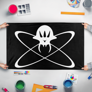 A mockup of the custom flag 'Treasure Planet Pirate flag' held up on a table during print checking