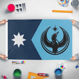 A mockup of the custom flag 'MN Rebel Loon flag' held up on a table during print checking