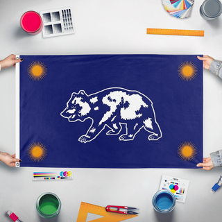 A mockup of the custom flag 'BACA flag' held up on a table during print checking