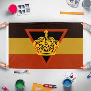 A mockup of the custom flag 'Leopoldist flag' held up on a table during print checking
