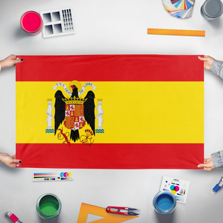 A mockup of the custom flag 'Spain Under Franco' held up on a table during print checking
