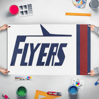 A mockup of the custom flag 'Flyer  flag' held up on a table during print checking