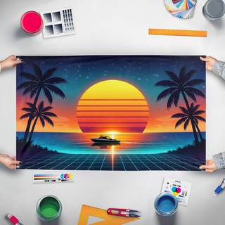 A mockup of the custom flag 'Vaporwave Sunset Boat flag' held up on a table during print checking