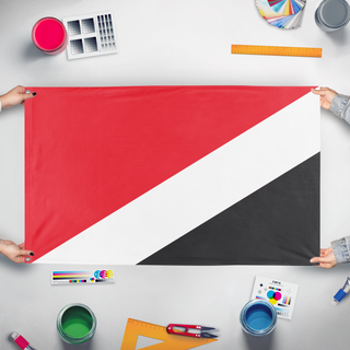 A mockup of the custom flag 'Principality of Sealand flag' held up on a table during print checking