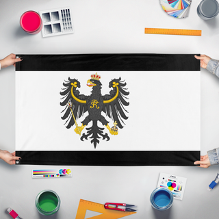 A mockup of the custom flag 'Prussia  flag' held up on a table during print checking