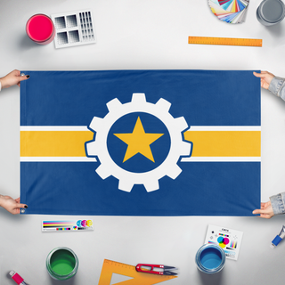 A mockup of the custom flag 'West Allis Wisconsin flag' held up on a table during print checking