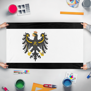 A mockup of the custom flag 'Prussia Flag 1892' held up on a table during print checking