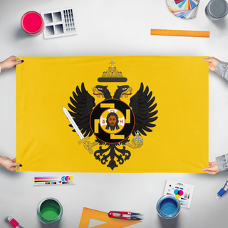 A mockup of the custom flag 'holy russia flag' held up on a table during print checking