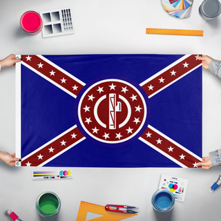 A mockup of the custom flag 'Alt Southern flag' held up on a table during print checking