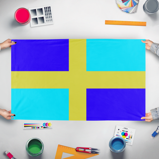 A mockup of the custom flag 'Kingdom of Nitoria flag' held up on a table during print checking
