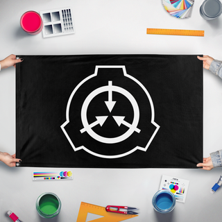 A mockup of the custom flag 'SCP Foundation flag' held up on a table during print checking