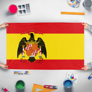 A mockup of the custom flag 'Spain Under Franco' held up on a table during print checking