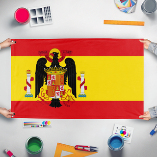 A mockup of the custom flag 'Spain Under Franco' held up on a table during print checking