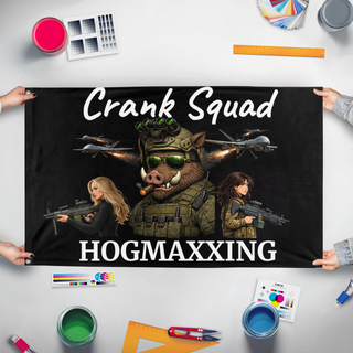 A mockup of the custom flag 'hogmaxxing flag' held up on a table during print checking