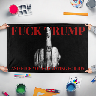 A mockup of the custom flag 'FTD flag' held up on a table during print checking