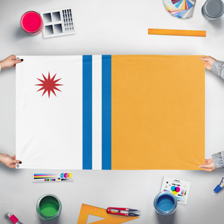 A mockup of the custom flag 'Republic of Maltuan flag' held up on a table during print checking