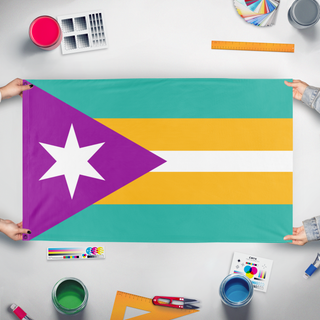 A mockup of the custom flag 'Esperanza flag' held up on a table during print checking