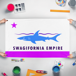 A mockup of the custom flag 'Swagifornia flag' held up on a table during print checking