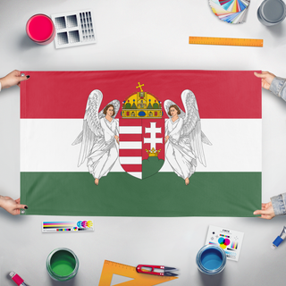 A mockup of the custom flag 'Kingdom of Hungary flag' held up on a table during print checking