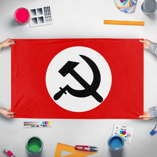 A mockup of the custom flag 'National Bolshevik flag' held up on a table during print checking
