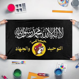 A mockup of the custom flag 'Uzbucceestan flag' held up on a table during print checking