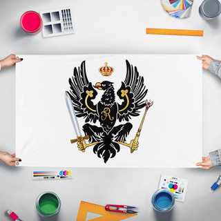 A mockup of the custom flag 'Kingdom Of Prussia' held up on a table during print checking