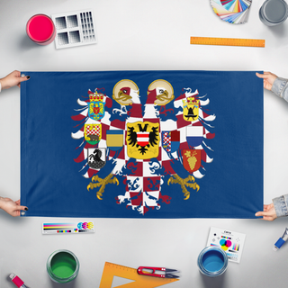 A mockup of the custom flag 'Holy Moravian Empire' held up on a table during print checking