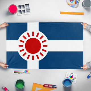 A mockup of the custom flag 'MPFlags_A' held up on a table during print checking