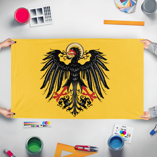 A mockup of the custom flag 'Holy Roman Empire  flag' held up on a table during print checking