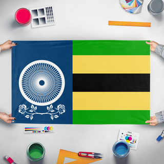 A mockup of the custom flag 'MPFlags_P' held up on a table during print checking