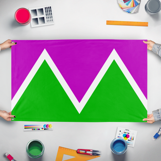 A mockup of the custom flag 'MPFlags_M' held up on a table during print checking