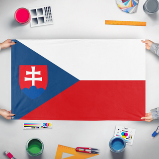 A mockup of the custom flag 'Czechoslovakia Redesigned flag' held up on a table during print checking