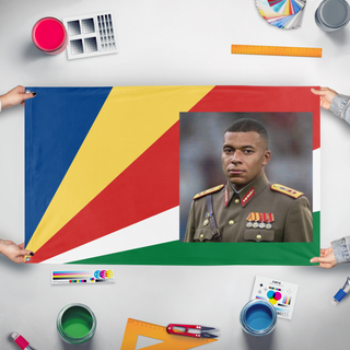 A mockup of the custom flag 'Mbappe land flag' held up on a table during print checking