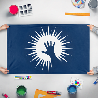 A mockup of the custom flag 'Flag of Humanity' held up on a table during print checking