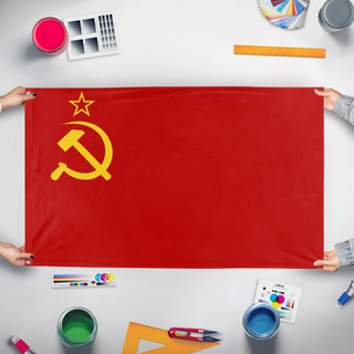 A mockup of the custom flag 'Soviet Union 1936-1955 flag' held up on a table during print checking