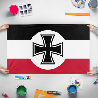 A mockup of the custom flag 'German Empire Reimagined  flag' held up on a table during print checking
